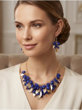 TWO TONE BEAD AND LEAF DESIGN NECKLACE WITH EARRING SET